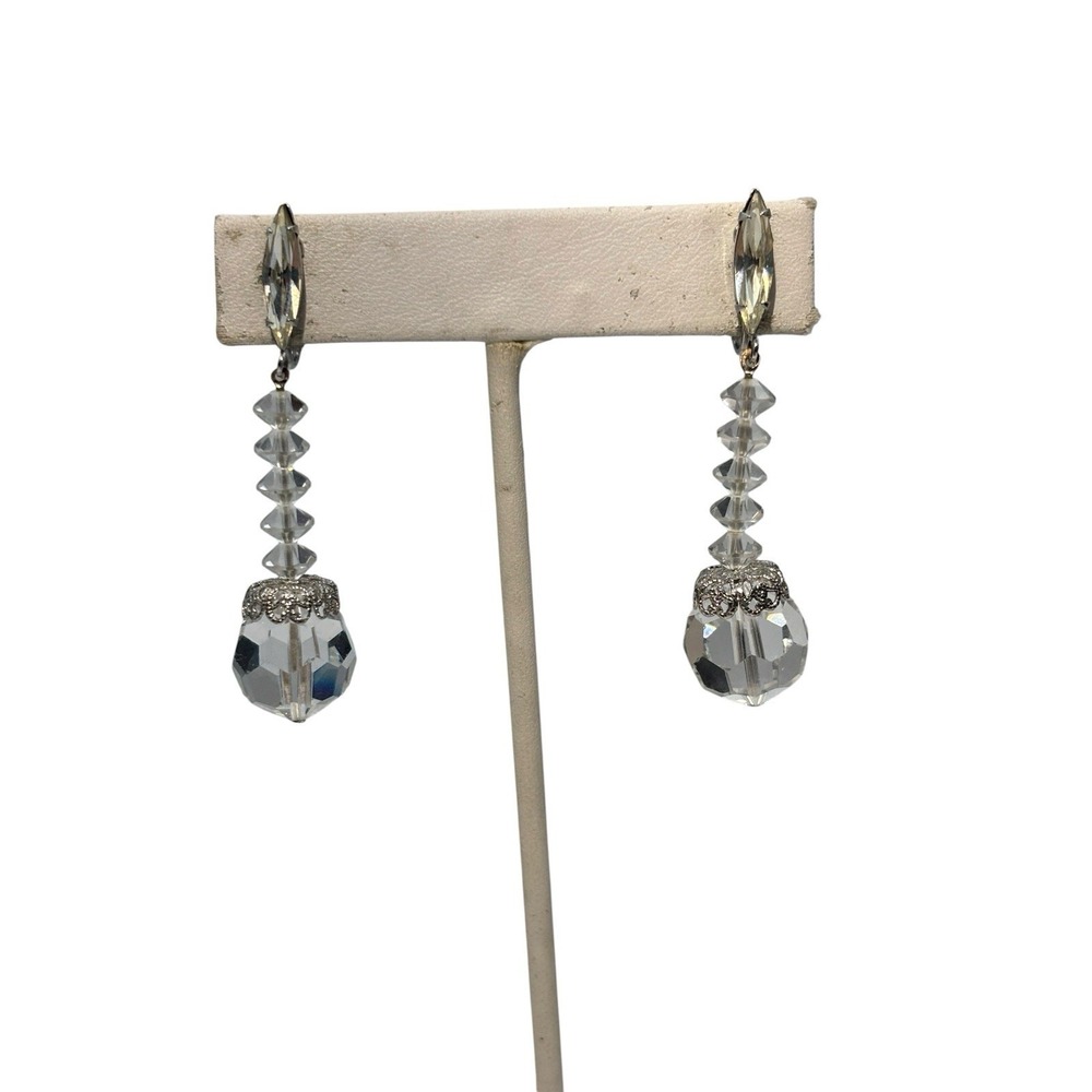 Vintage Lewis Segal USA Silver Tone Crystal Bead Dangle Drop Clip On Earrings